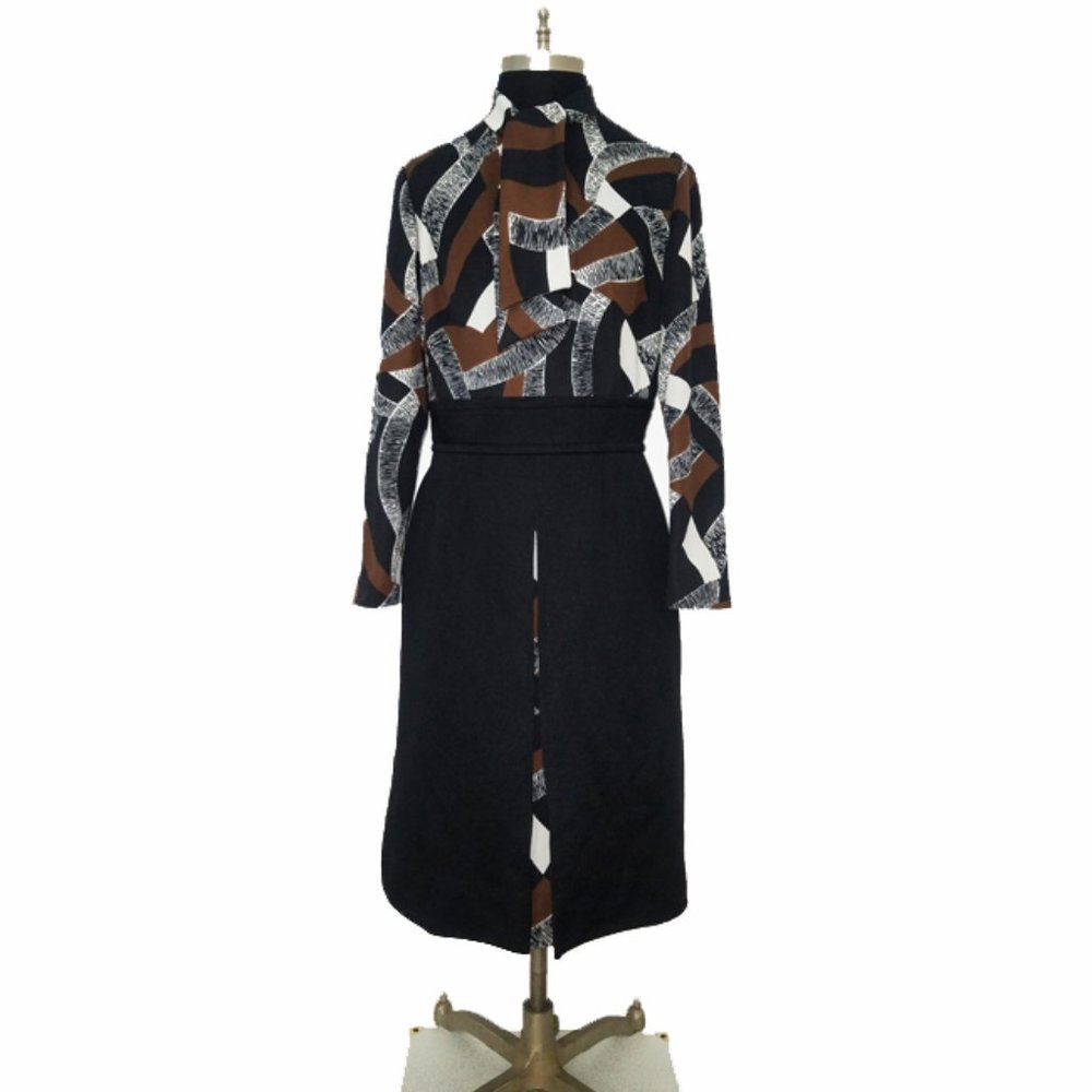 Vtg 70s Geometric Print Ascot Tie Dress S